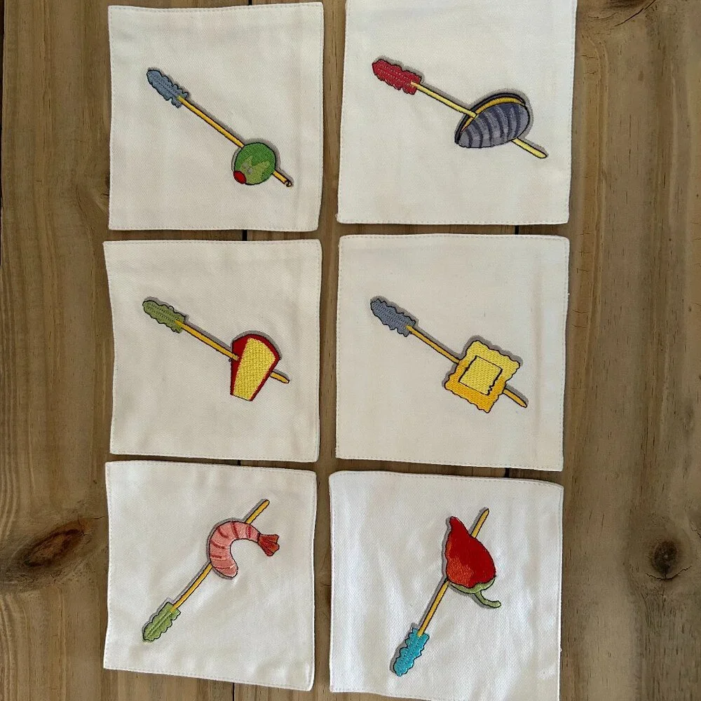 6 Crate & Barrel Embroidered Cloth Appetizer Coasters Set